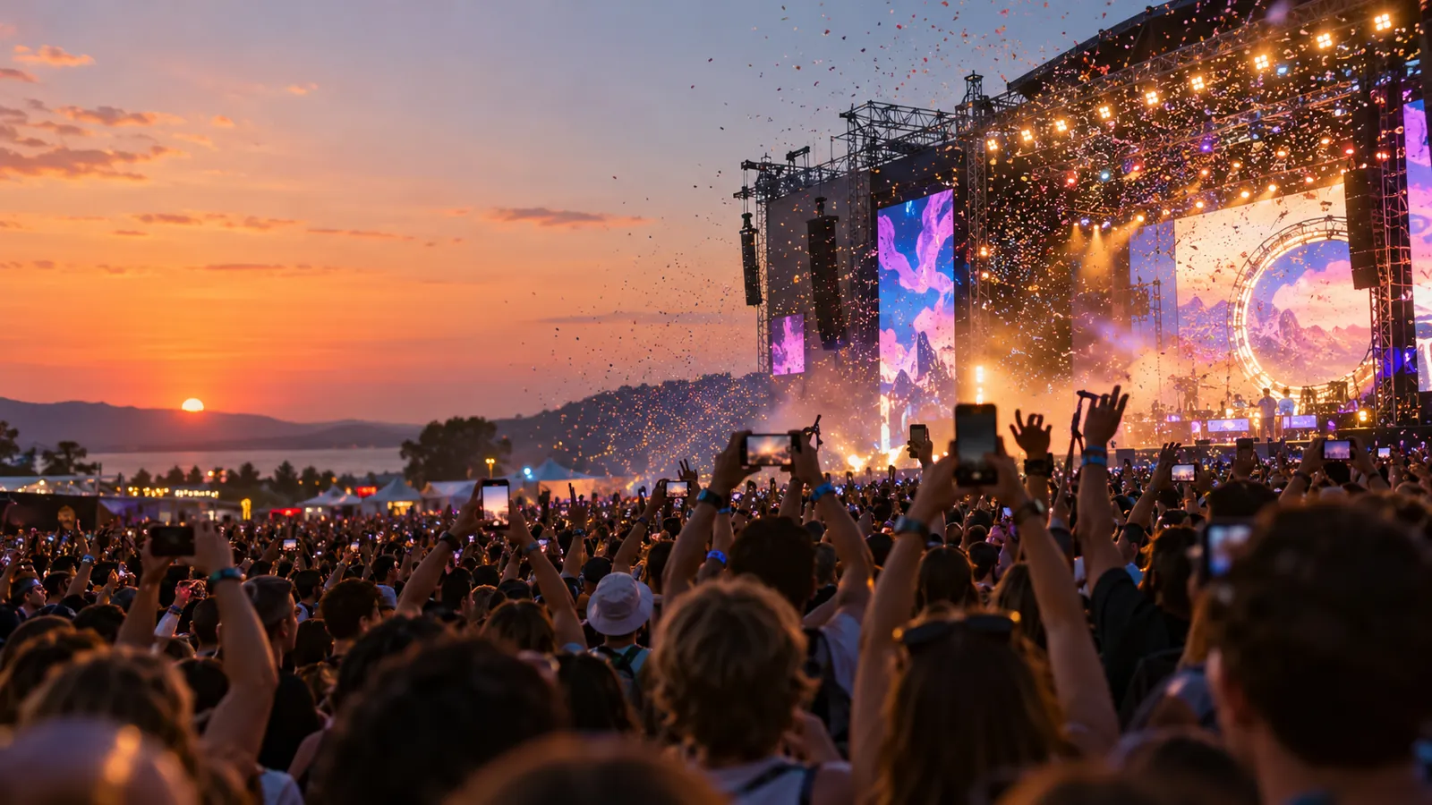 Foule de festival en plein air au coucher du soleil, smartphones levés vers une grande scène éclairée